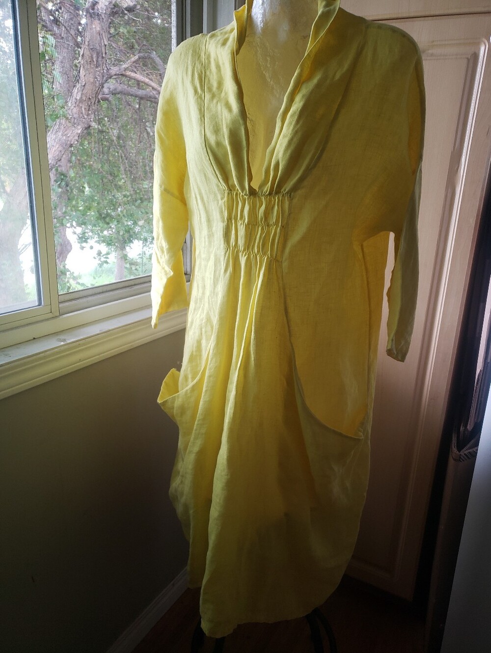 100% Linen Yellow Women's V-Neck Dress